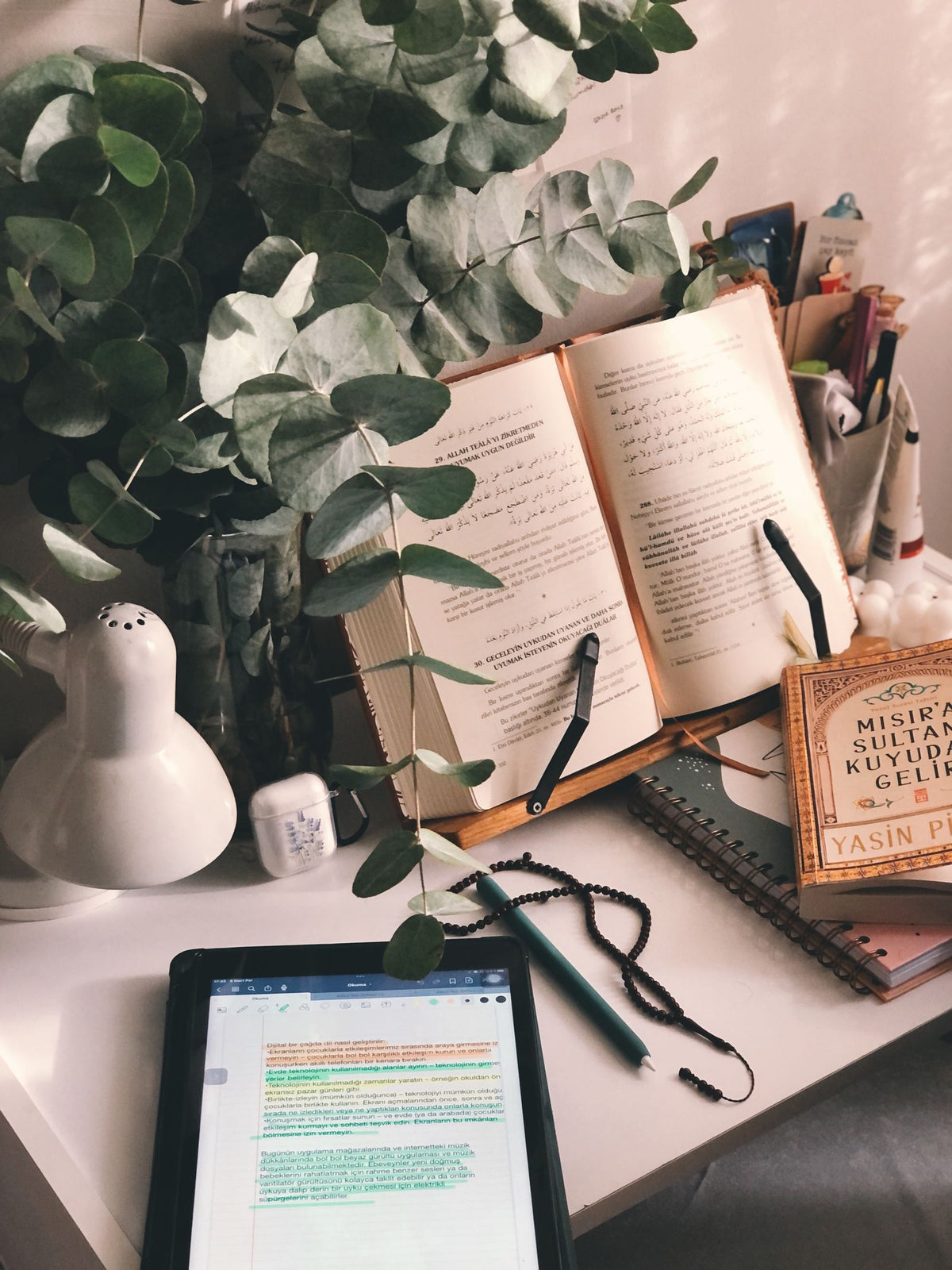 Bright study desk with books, a tablet and plants, representing digital learning