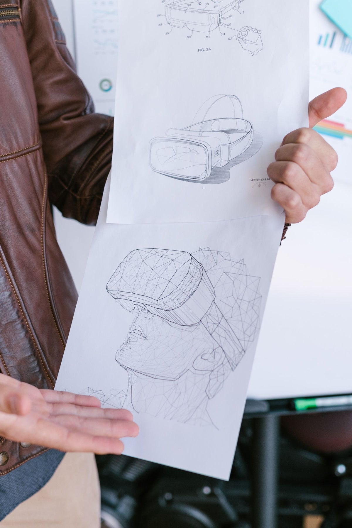 Close-up of hand-drawn product design sketches for a new technology device