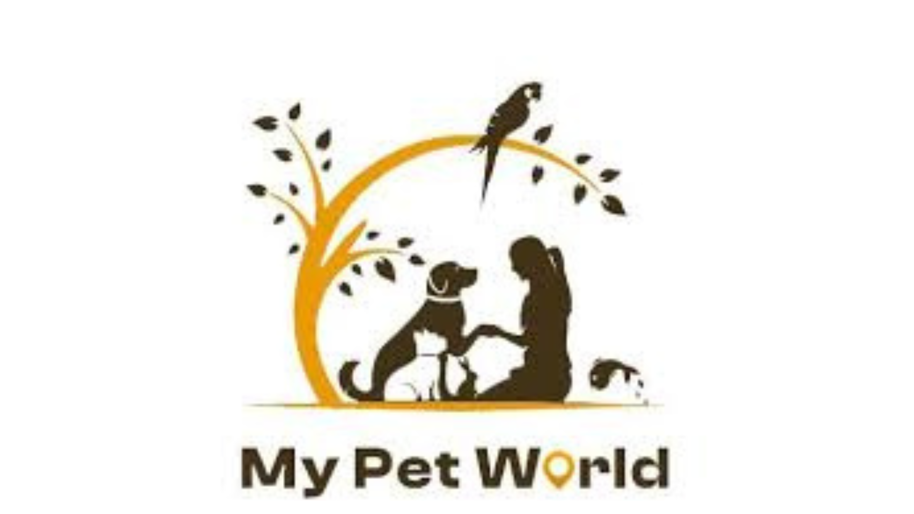 شعار شركة ناشئة لخدمات رعاية الحيوانات الأليفة بعلامة "My Pet World" التجارية، بتصميم نظيف ورسومات مرتبطة بالحيوانات الأليفة.