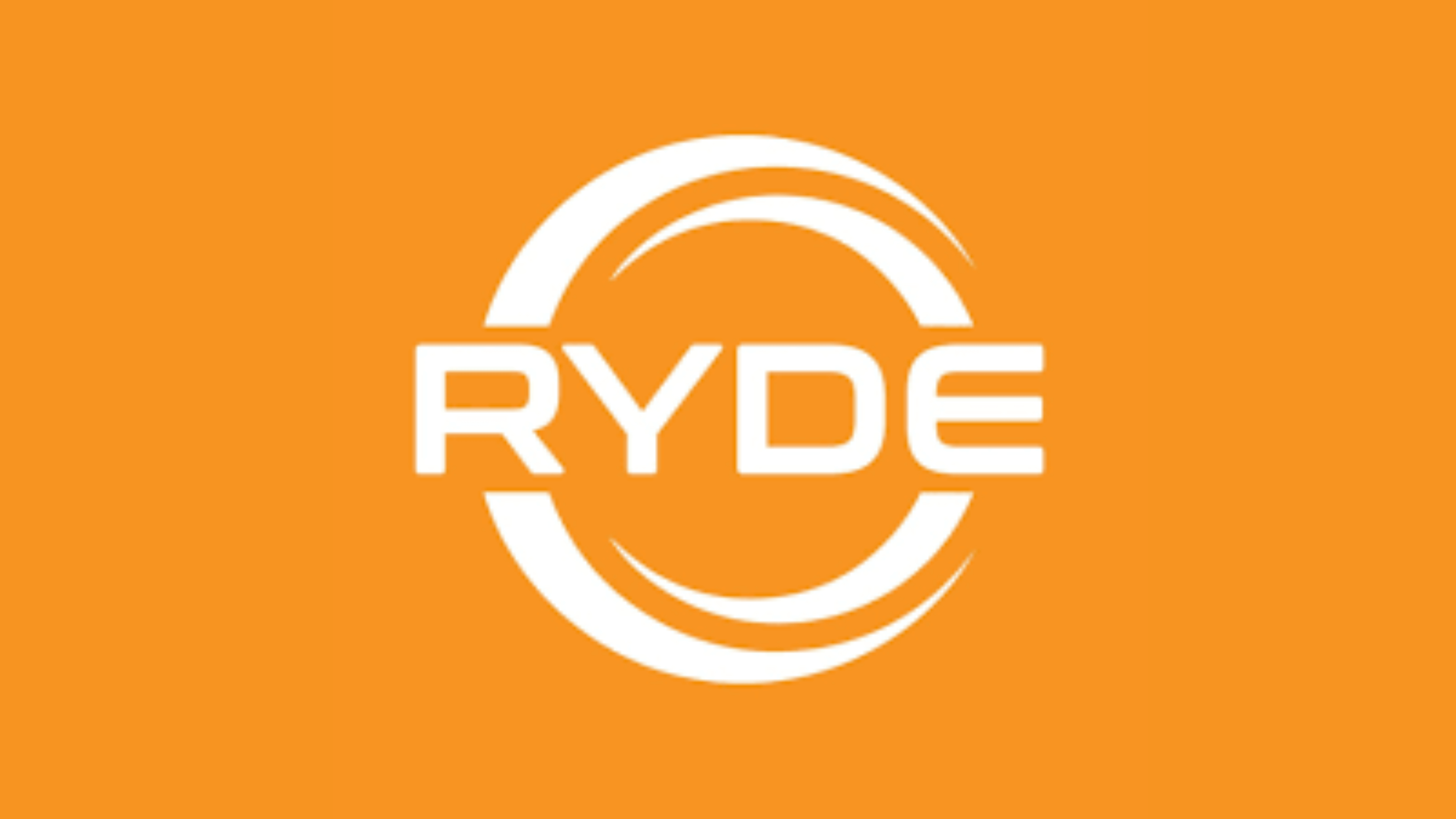 شعار شركة رايد هيلينغ RYDE بخط حديث وتصميم أنيق، يعكس خدمات نقل مبتكرة.