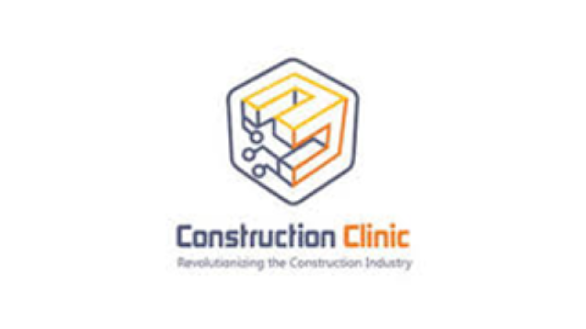 شعار شركة Construction Clinic الناشئة مع اسم العلامة التجارية Construction على خلفية احترافية.