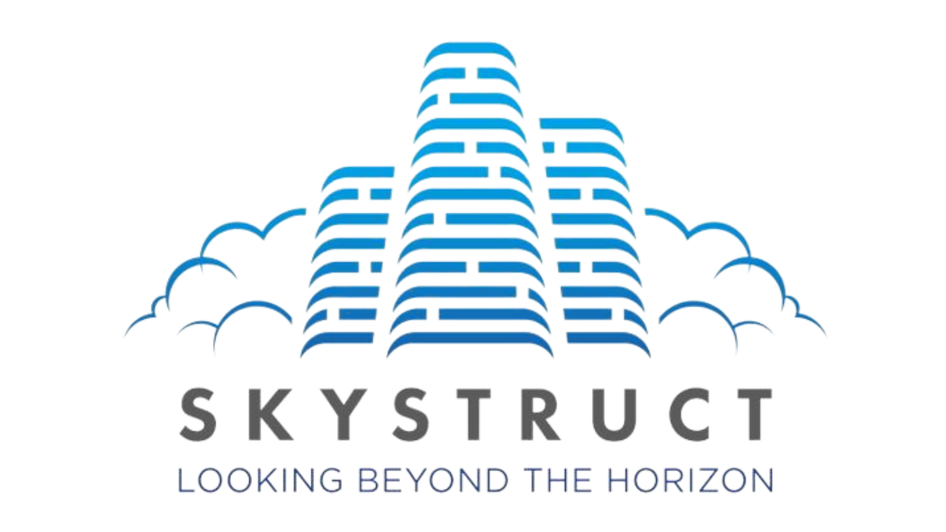 نموذج SkyStruct الإنشائي، هيكل مبنى تفصيلي باللونين الأزرق والرمادي مع عناصر تصميم معقدة ظاهرة.