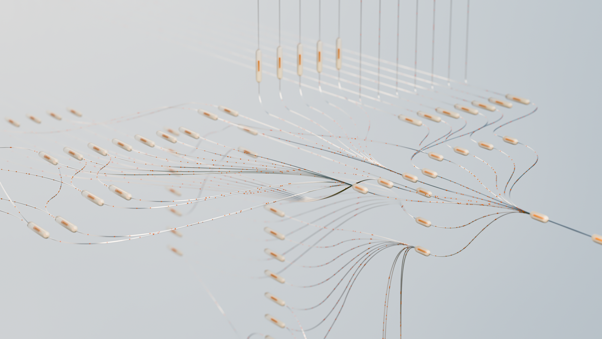 Abstract 3D visualisation of interconnected neural network nodes representing artificial intelligence