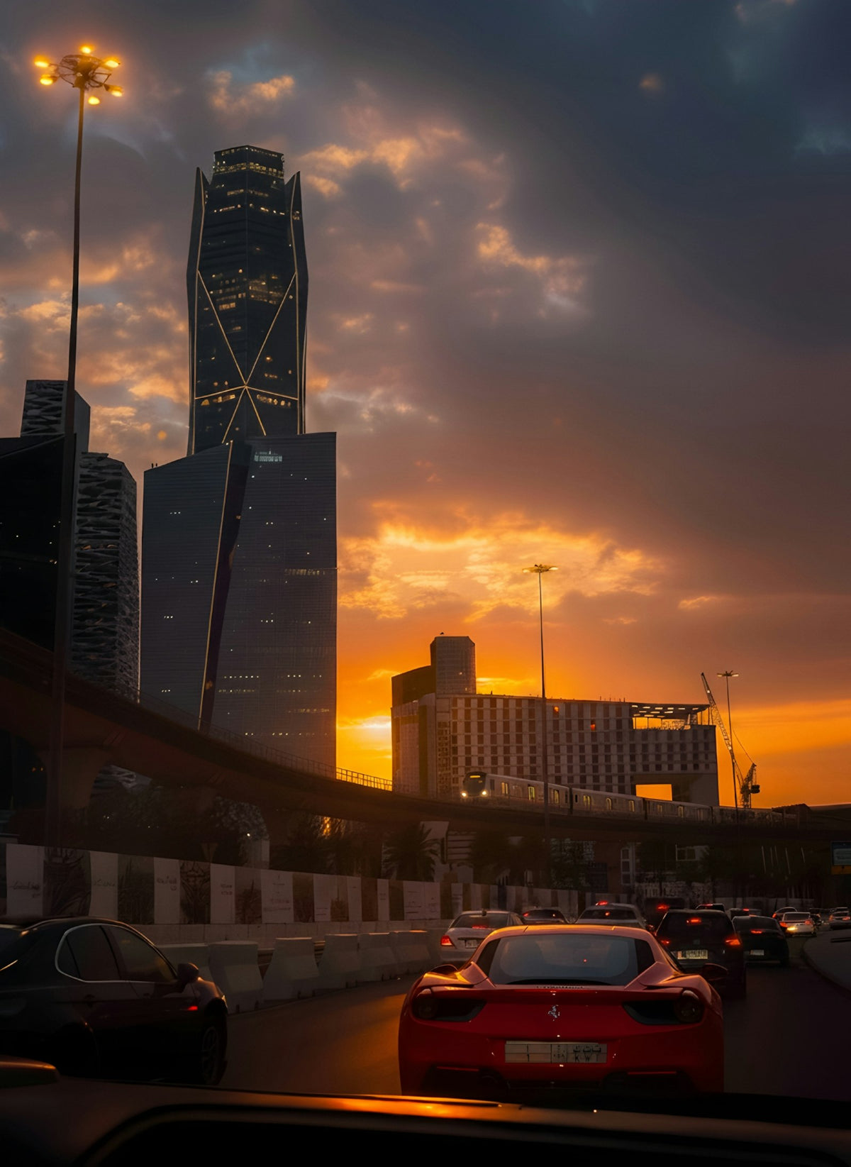 Cars on a highway leading towards a Gulf city skyline at sunset, symbolising regional expansion
